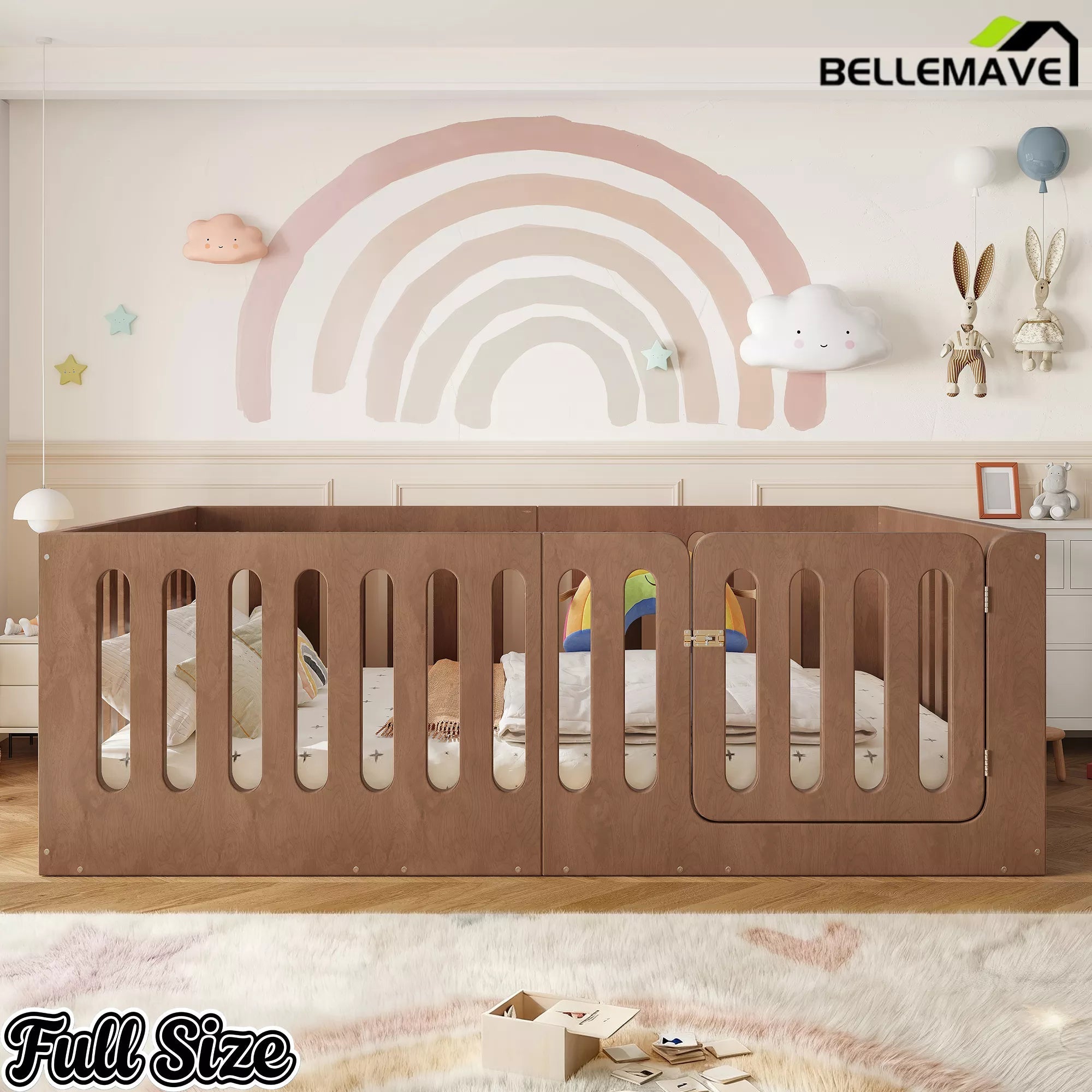 Bellemave® Kids Floor Bed, Wooden Montessori Floor Bed with Fence and Door, Twin Full Queen Size Available, Low Profile Design with No Box Spring Needed - Bellemave