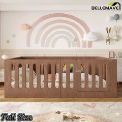 Bellemave® Kids Floor Bed, Wooden Montessori Floor Bed with Fence and Door, Twin Full Queen Size Available, Low Profile Design with No Box Spring Needed - Bellemave