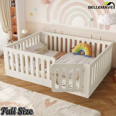 Bellemave® Kids Floor Bed, Wooden Montessori Floor Bed with Fence and Door, Twin Full Queen Size Available, Low Profile Design with No Box Spring Needed - Bellemave