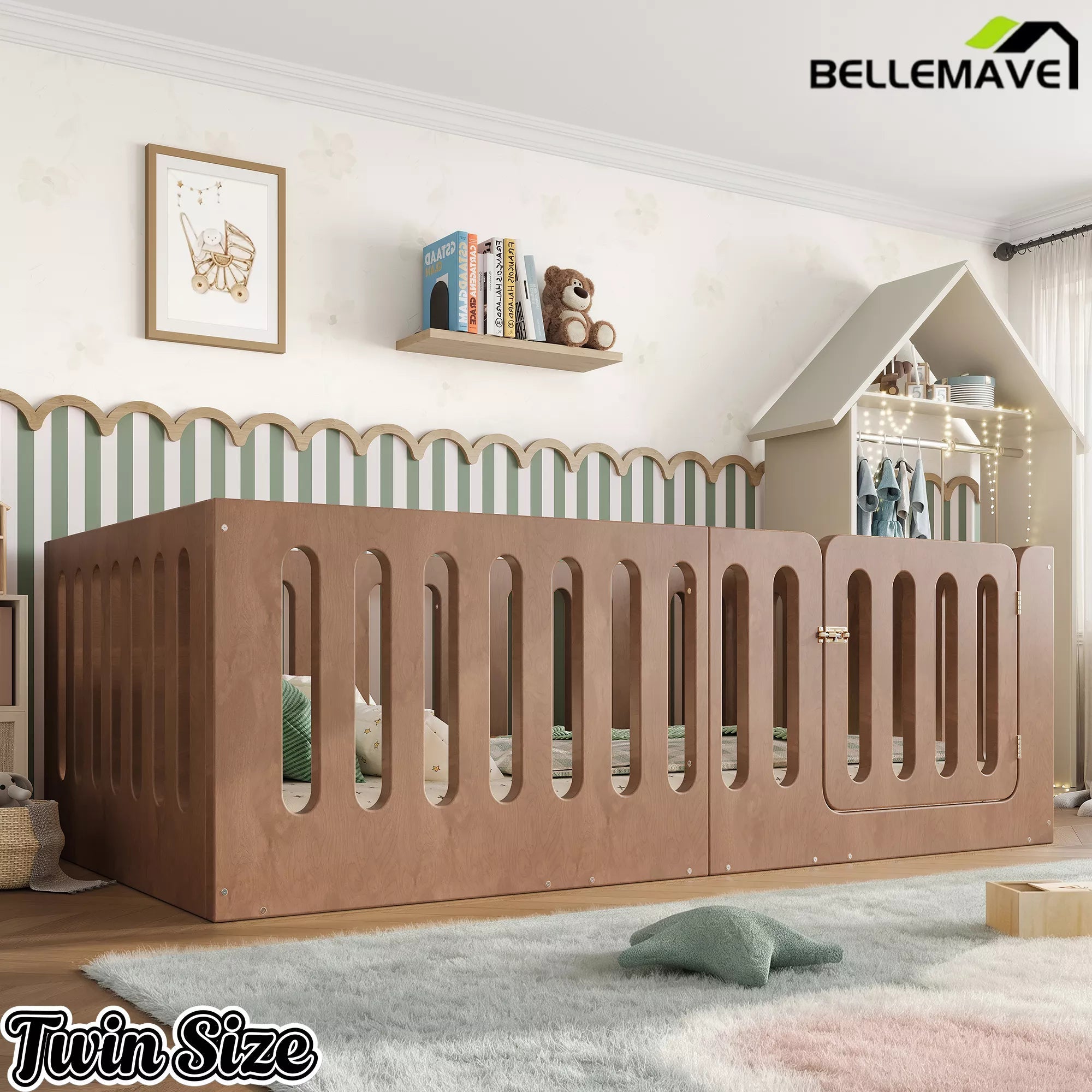 Bellemave® Kids Floor Bed, Wooden Montessori Floor Bed with Fence and Door, Twin Full Queen Size Available, Low Profile Design with No Box Spring Needed - Bellemave