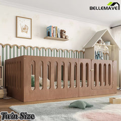 Bellemave® Kids Floor Bed, Wooden Montessori Floor Bed with Fence and Door, Twin Full Queen Size Available, Low Profile Design with No Box Spring Needed - Bellemave