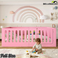 Bellemave® Kids Floor Bed, Wooden Montessori Floor Bed with Fence and Door, Twin Full Queen Size Available, Low Profile Design with No Box Spring Needed - Bellemave