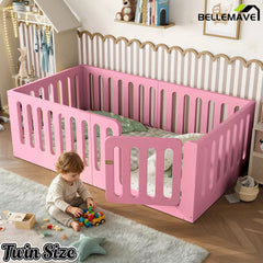 Bellemave® Kids Floor Bed, Wooden Montessori Floor Bed with Fence and Door, Twin Full Queen Size Available, Low Profile Design with No Box Spring Needed - Bellemave
