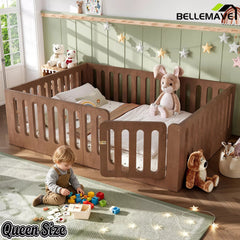 Bellemave® Kids Floor Bed, Wooden Montessori Floor Bed with Fence and Door, Twin Full Queen Size Available, Low Profile Design with No Box Spring Needed - Bellemave