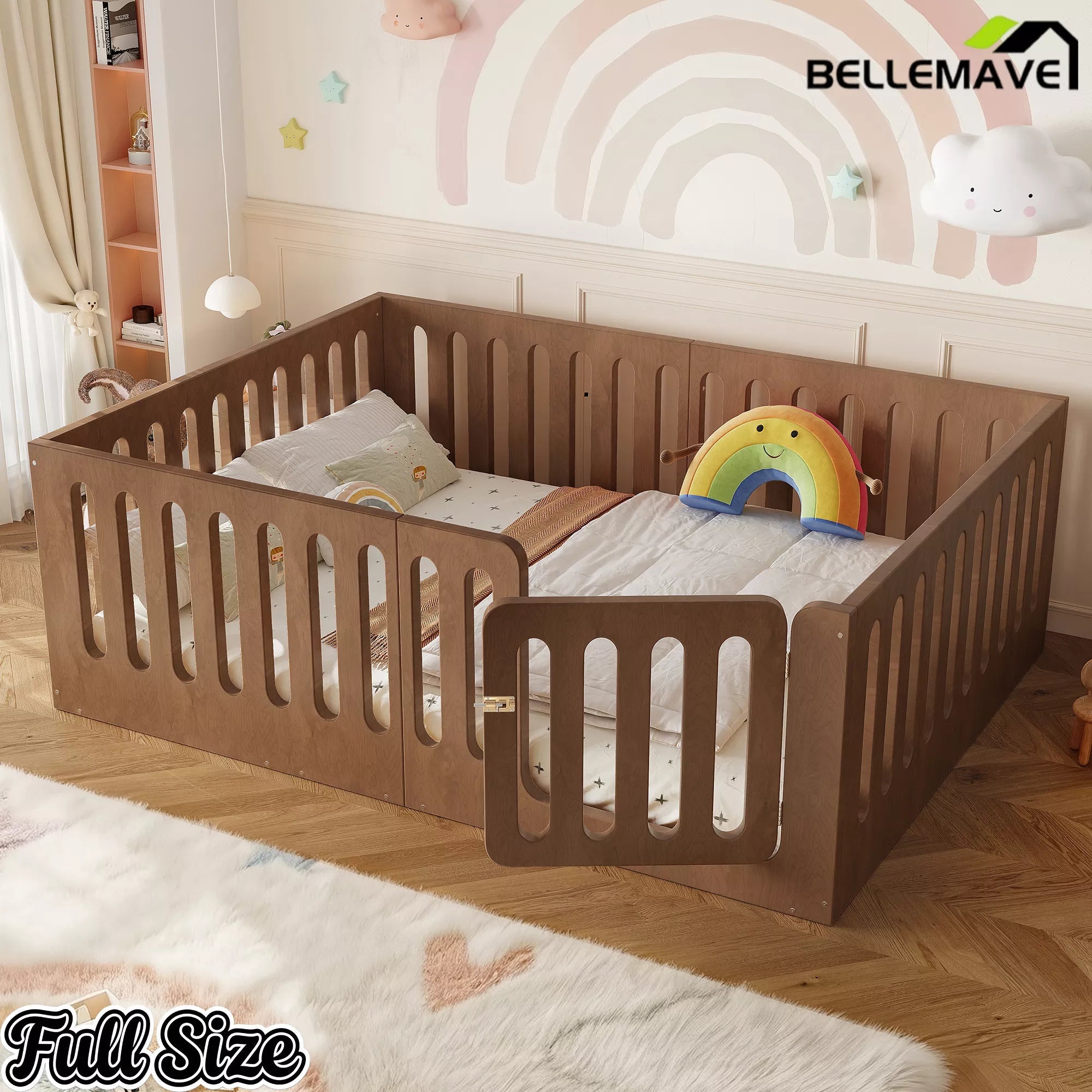 Bellemave® Kids Floor Bed, Wooden Montessori Floor Bed with Fence and Door, Twin Full Queen Size Available, Low Profile Design with No Box Spring Needed - Bellemave
