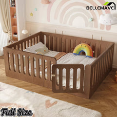 Bellemave® Kids Floor Bed, Wooden Montessori Floor Bed with Fence and Door, Twin Full Queen Size Available, Low Profile Design with No Box Spring Needed - Bellemave