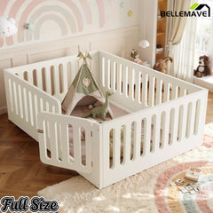 Bellemave® Kids Floor Bed, Wooden Montessori Floor Bed with Fence and Door, Twin Full Queen Size Available, Low Profile Design with No Box Spring Needed - Bellemave