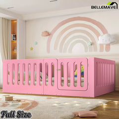 Bellemave® Kids Floor Bed, Wooden Montessori Floor Bed with Fence and Door, Twin Full Queen Size Available, Low Profile Design with No Box Spring Needed - Bellemave