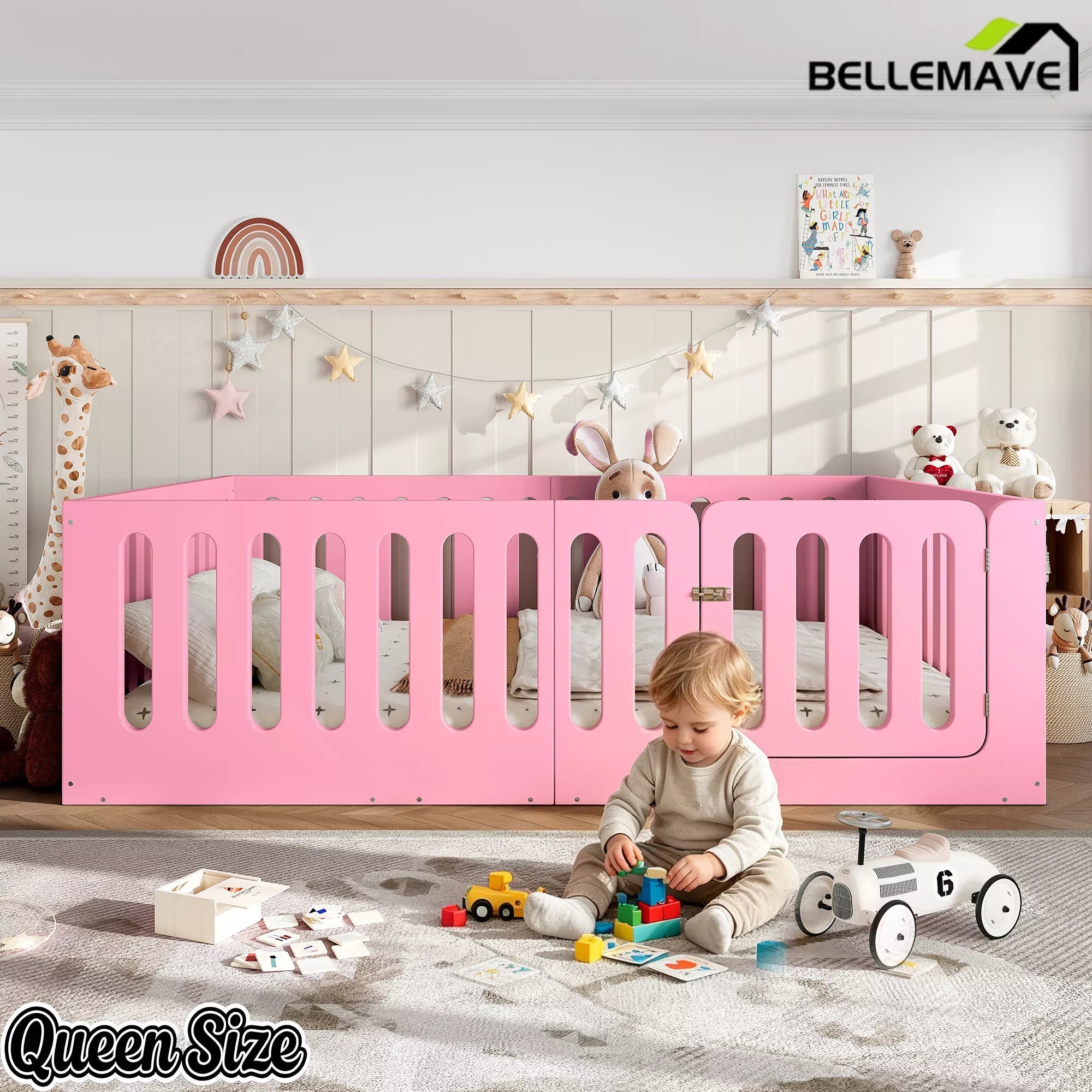 Bellemave® Kids Floor Bed, Wooden Montessori Floor Bed with Fence and Door, Twin Full Queen Size Available, Low Profile Design with No Box Spring Needed - Bellemave