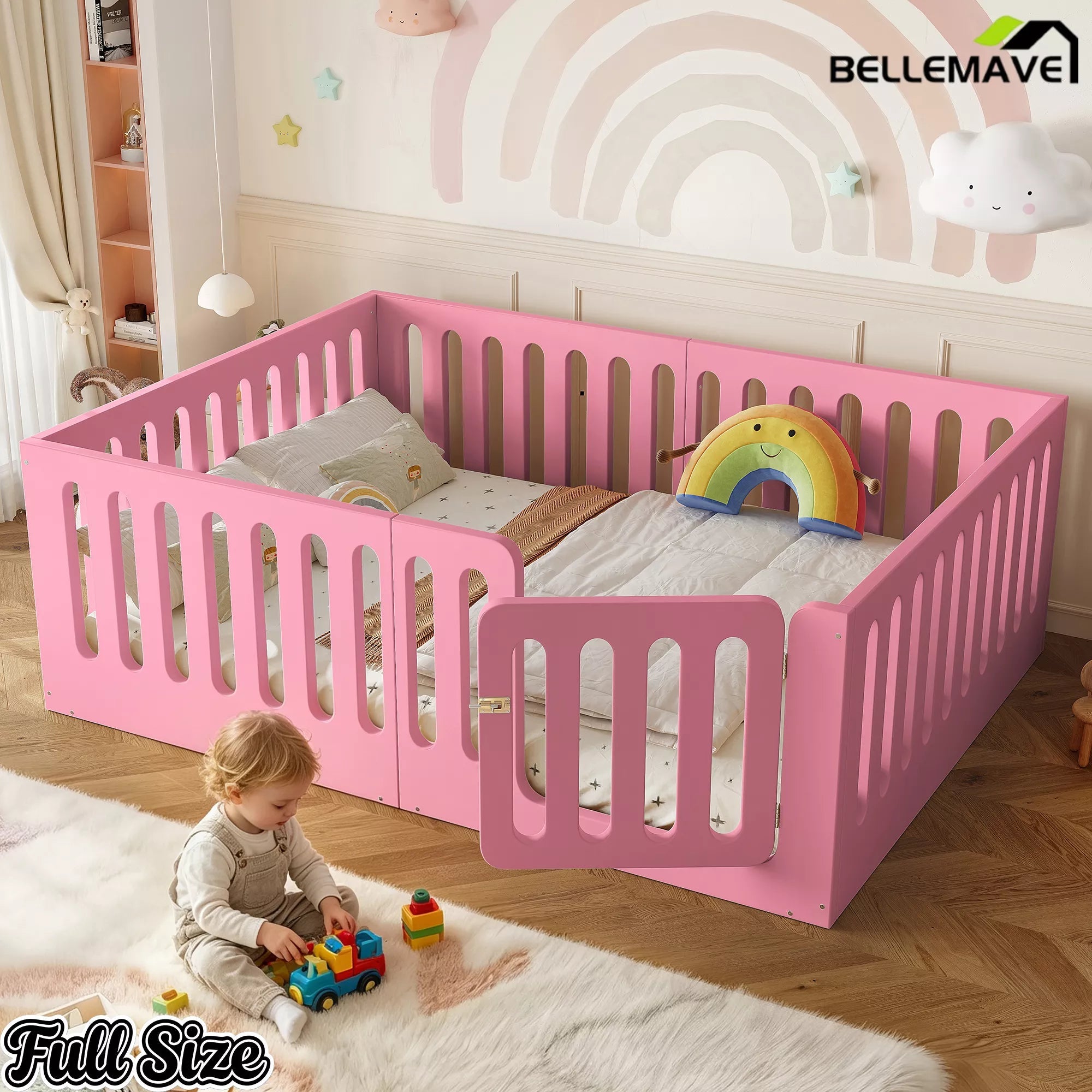 Bellemave® Kids Floor Bed, Wooden Montessori Floor Bed with Fence and Door, Twin Full Queen Size Available, Low Profile Design with No Box Spring Needed - Bellemave