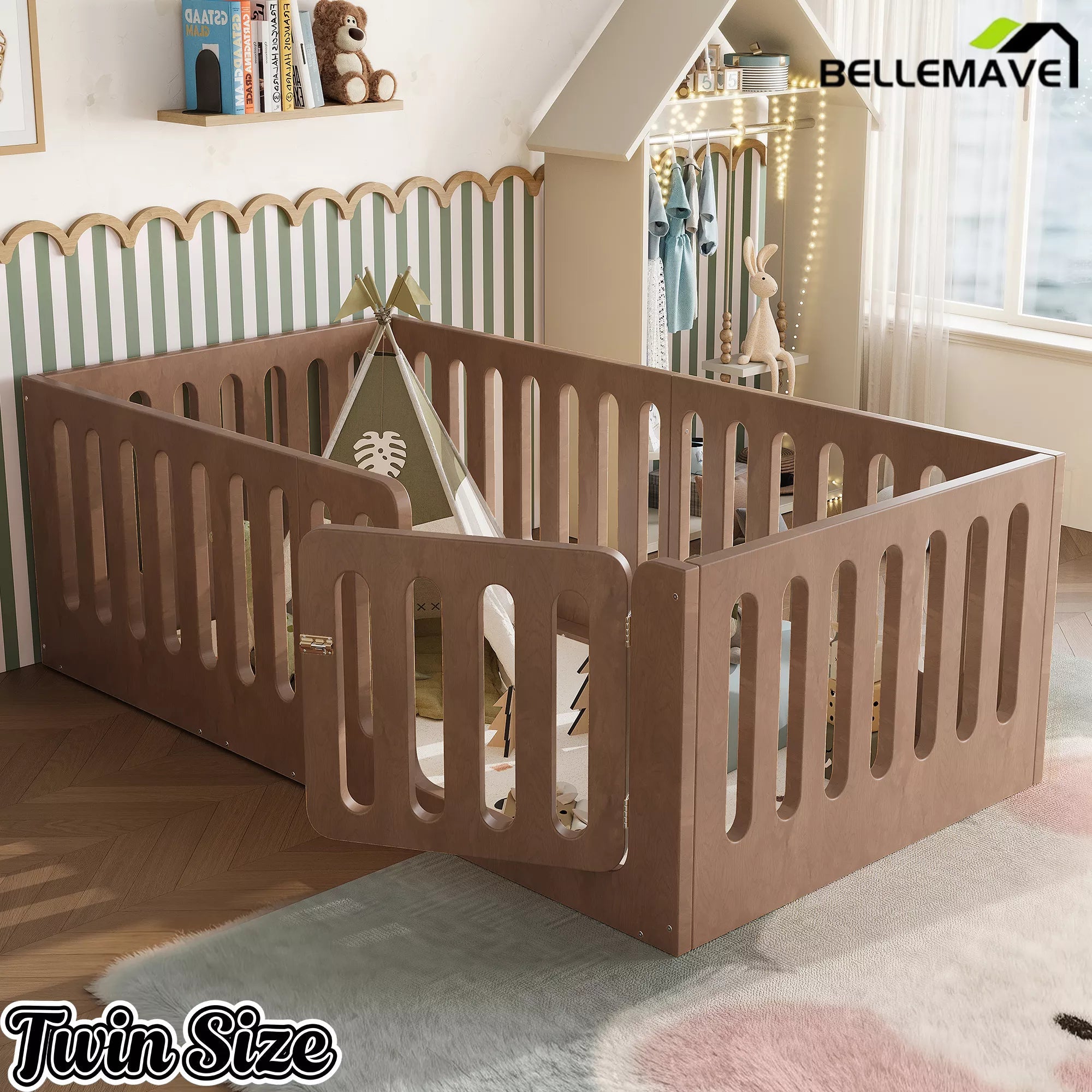 Bellemave® Kids Floor Bed, Wooden Montessori Floor Bed with Fence and Door, Twin Full Queen Size Available, Low Profile Design with No Box Spring Needed - Bellemave