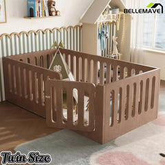 Bellemave® Kids Floor Bed, Wooden Montessori Floor Bed with Fence and Door, Twin Full Queen Size Available, Low Profile Design with No Box Spring Needed - Bellemave