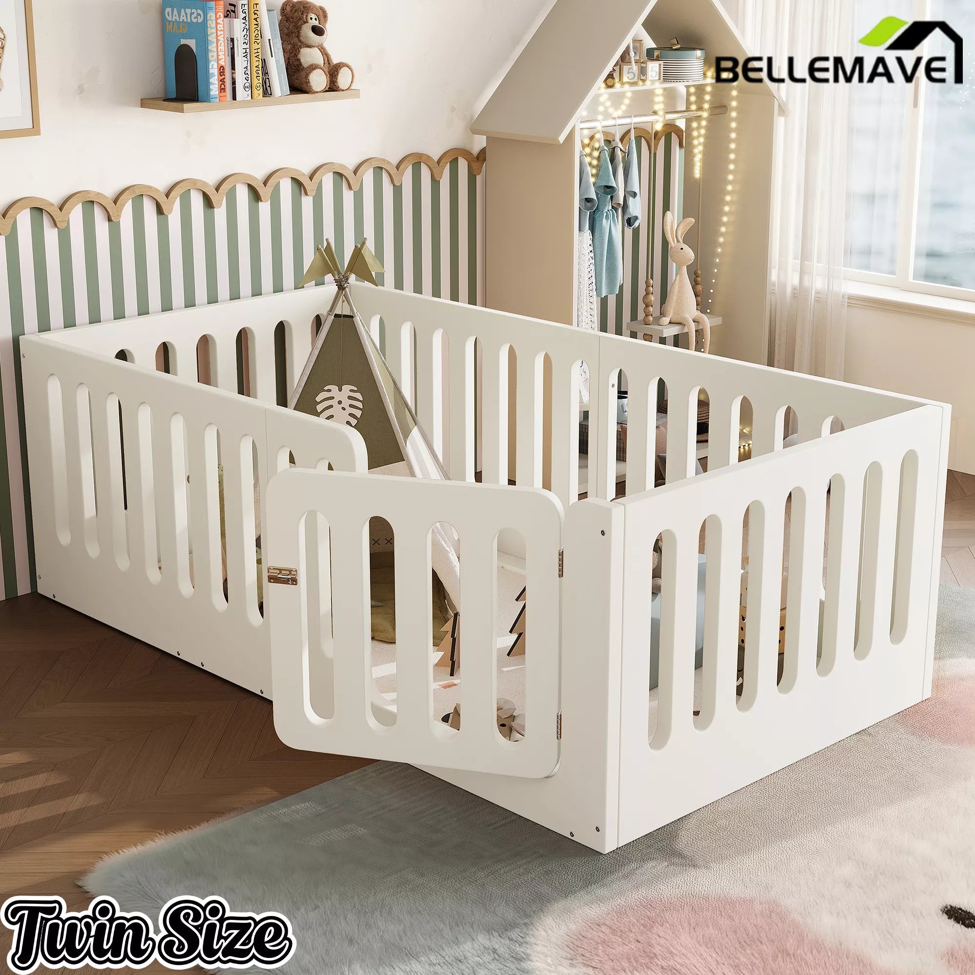 Bellemave® Kids Floor Bed, Wooden Montessori Floor Bed with Fence and Door, Twin Full Queen Size Available, Low Profile Design with No Box Spring Needed - Bellemave
