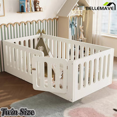 Bellemave® Kids Floor Bed, Wooden Montessori Floor Bed with Fence and Door, Twin Full Queen Size Available, Low Profile Design with No Box Spring Needed - Bellemave