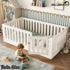 Bellemave® Kids Floor Bed, Wooden Montessori Floor Bed with Fence and Door, Twin Full Queen Size Available, Low Profile Design with No Box Spring Needed - Bellemave