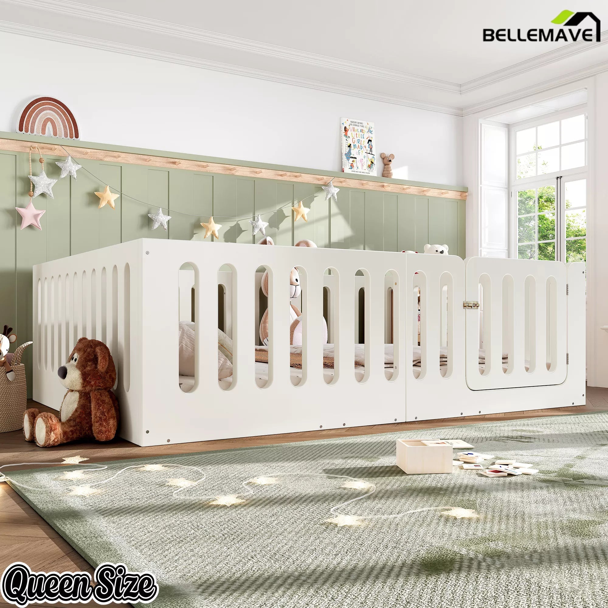 Bellemave® Kids Floor Bed, Wooden Montessori Floor Bed with Fence and Door, Twin Full Queen Size Available, Low Profile Design with No Box Spring Needed - Bellemave