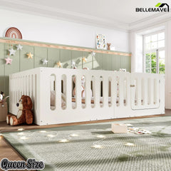 Bellemave® Kids Floor Bed, Wooden Montessori Floor Bed with Fence and Door, Twin Full Queen Size Available, Low Profile Design with No Box Spring Needed - Bellemave