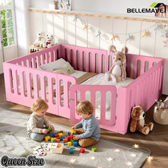 Bellemave® Kids Floor Bed, Wooden Montessori Floor Bed with Fence and Door, Twin Full Queen Size Available, Low Profile Design with No Box Spring Needed - Bellemave