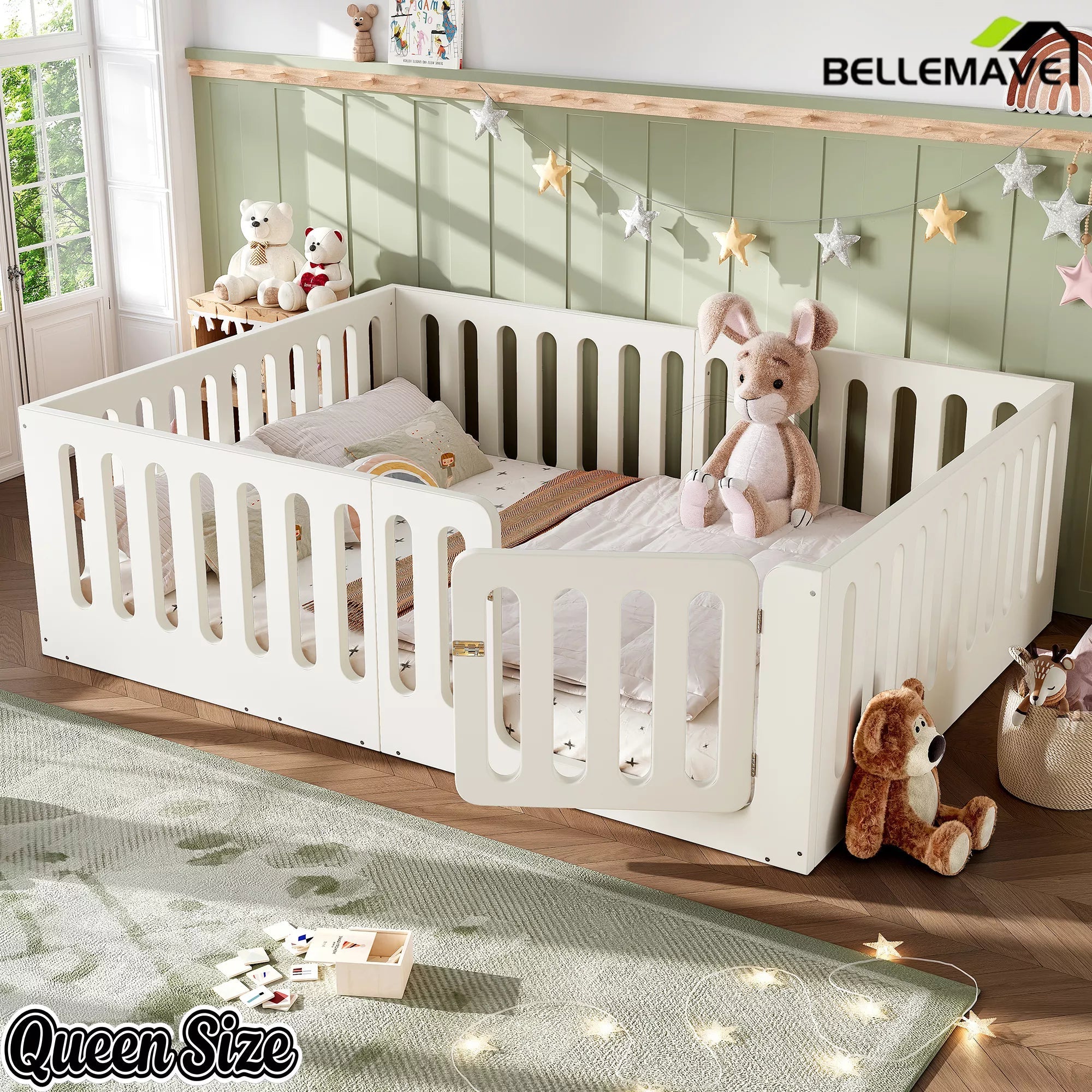 Bellemave® Kids Floor Bed, Wooden Montessori Floor Bed with Fence and Door, Twin Full Queen Size Available, Low Profile Design with No Box Spring Needed - Bellemave