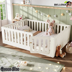Bellemave® Kids Floor Bed, Wooden Montessori Floor Bed with Fence and Door, Twin Full Queen Size Available, Low Profile Design with No Box Spring Needed - Bellemave