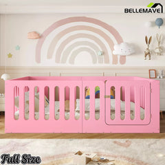 Bellemave® Kids Floor Bed, Wooden Montessori Floor Bed with Fence and Door, Twin Full Queen Size Available, Low Profile Design with No Box Spring Needed - Bellemave