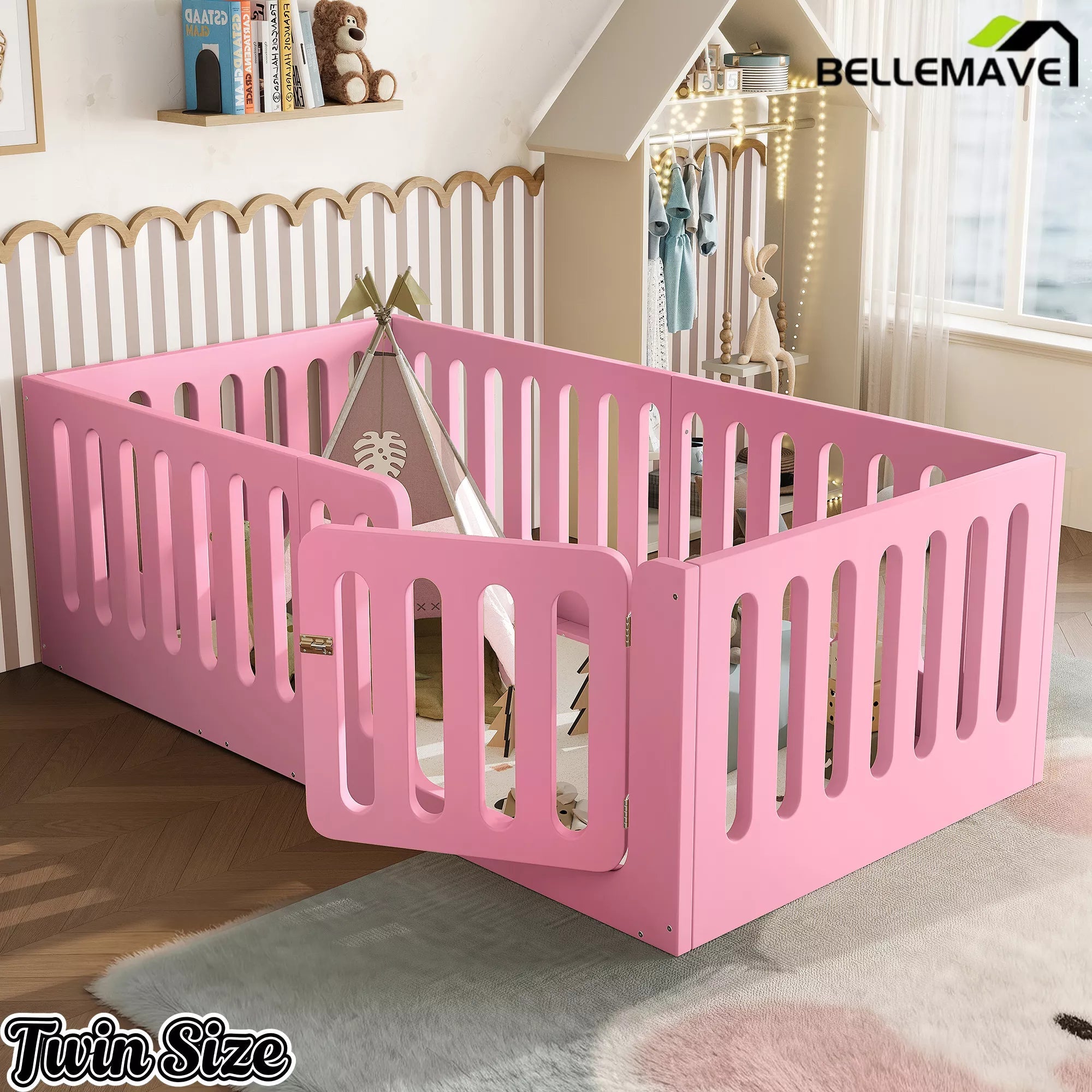 Bellemave® Kids Floor Bed, Wooden Montessori Floor Bed with Fence and Door, Twin Full Queen Size Available, Low Profile Design with No Box Spring Needed - Bellemave