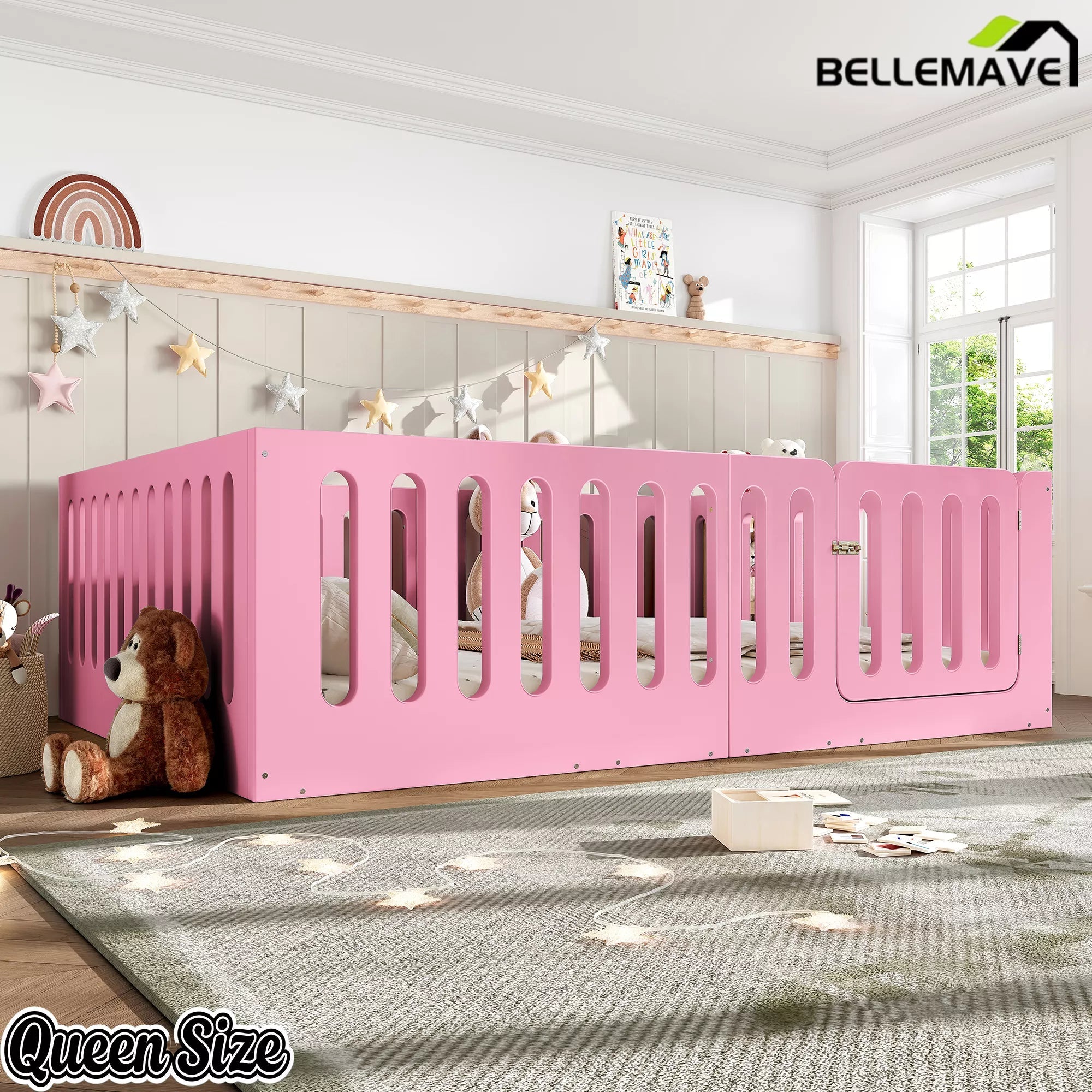 Bellemave® Kids Floor Bed, Wooden Montessori Floor Bed with Fence and Door, Twin Full Queen Size Available, Low Profile Design with No Box Spring Needed - Bellemave