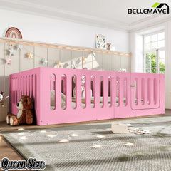 Bellemave® Kids Floor Bed, Wooden Montessori Floor Bed with Fence and Door, Twin Full Queen Size Available, Low Profile Design with No Box Spring Needed - Bellemave