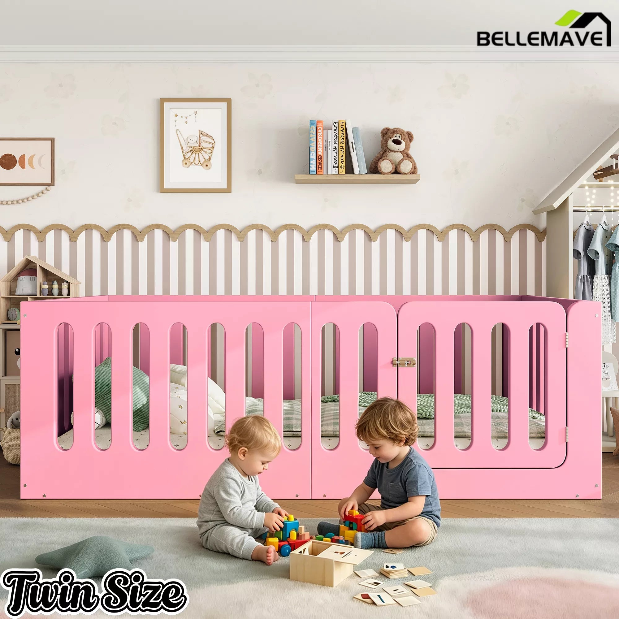 Bellemave® Kids Floor Bed, Wooden Montessori Floor Bed with Fence and Door, Twin Full Queen Size Available, Low Profile Design with No Box Spring Needed - Bellemave