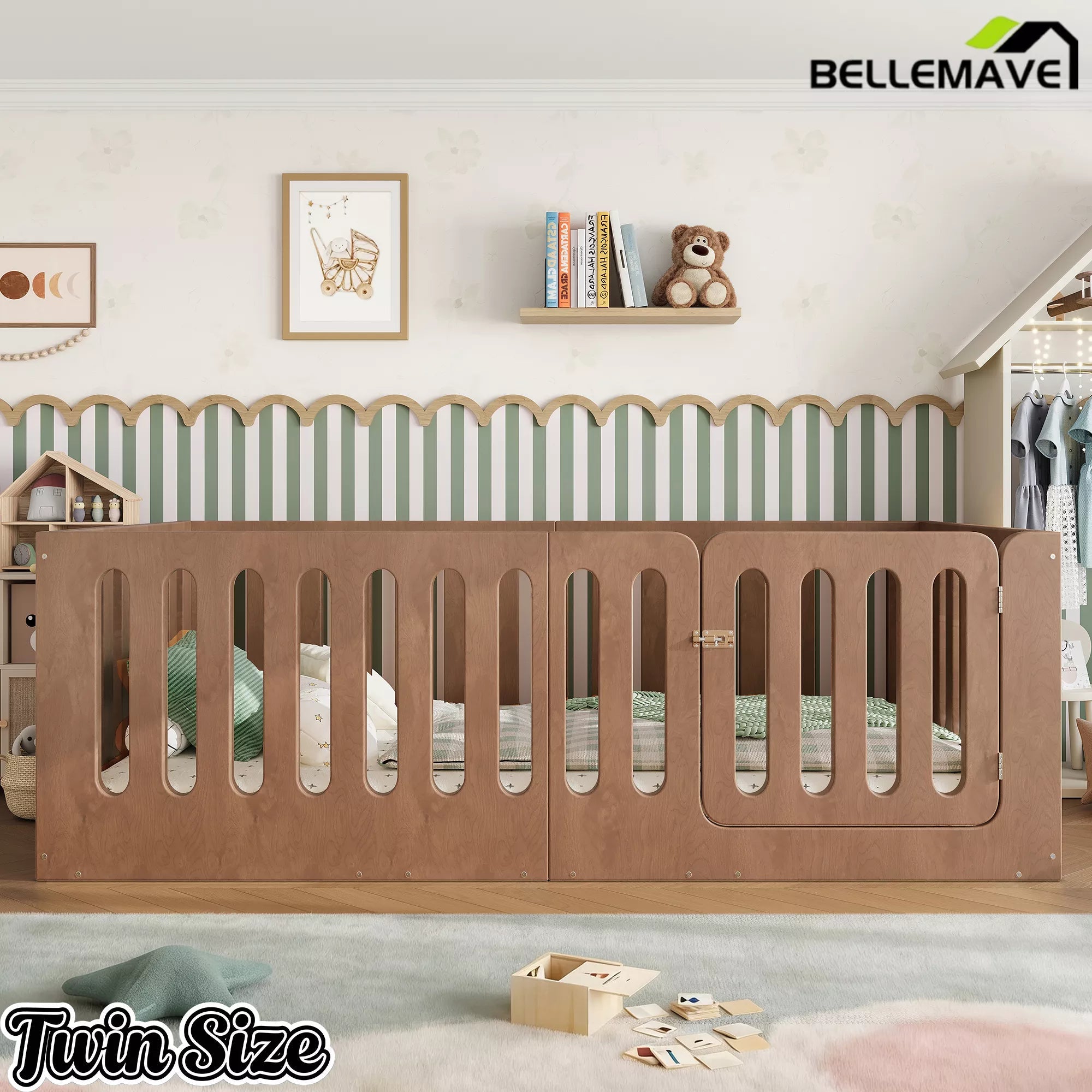 Bellemave® Kids Floor Bed, Wooden Montessori Floor Bed with Fence and Door, Twin Full Queen Size Available, Low Profile Design with No Box Spring Needed - Bellemave