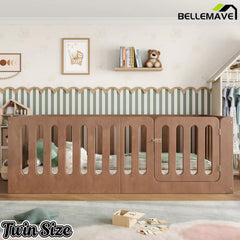 Bellemave® Kids Floor Bed, Wooden Montessori Floor Bed with Fence and Door, Twin Full Queen Size Available, Low Profile Design with No Box Spring Needed - Bellemave