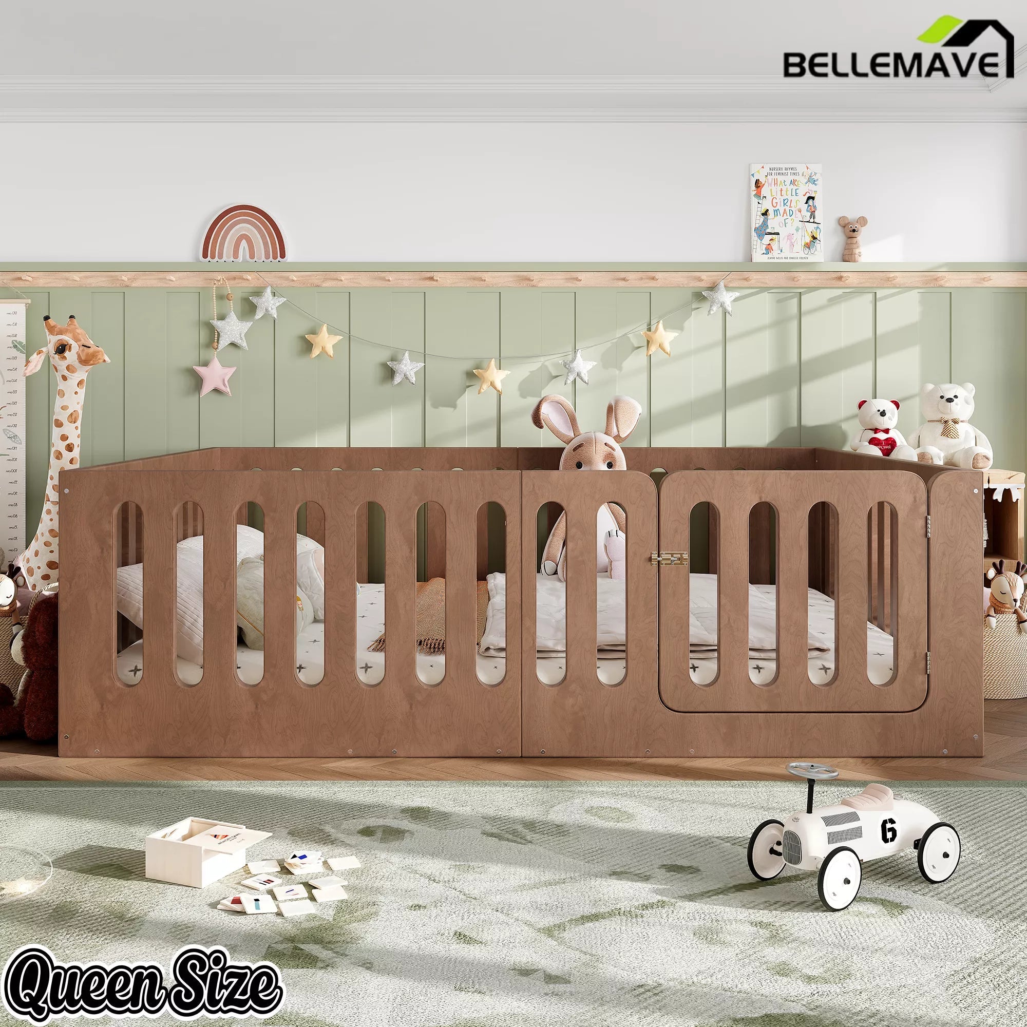 Bellemave® Kids Floor Bed, Wooden Montessori Floor Bed with Fence and Door, Twin Full Queen Size Available, Low Profile Design with No Box Spring Needed - Bellemave