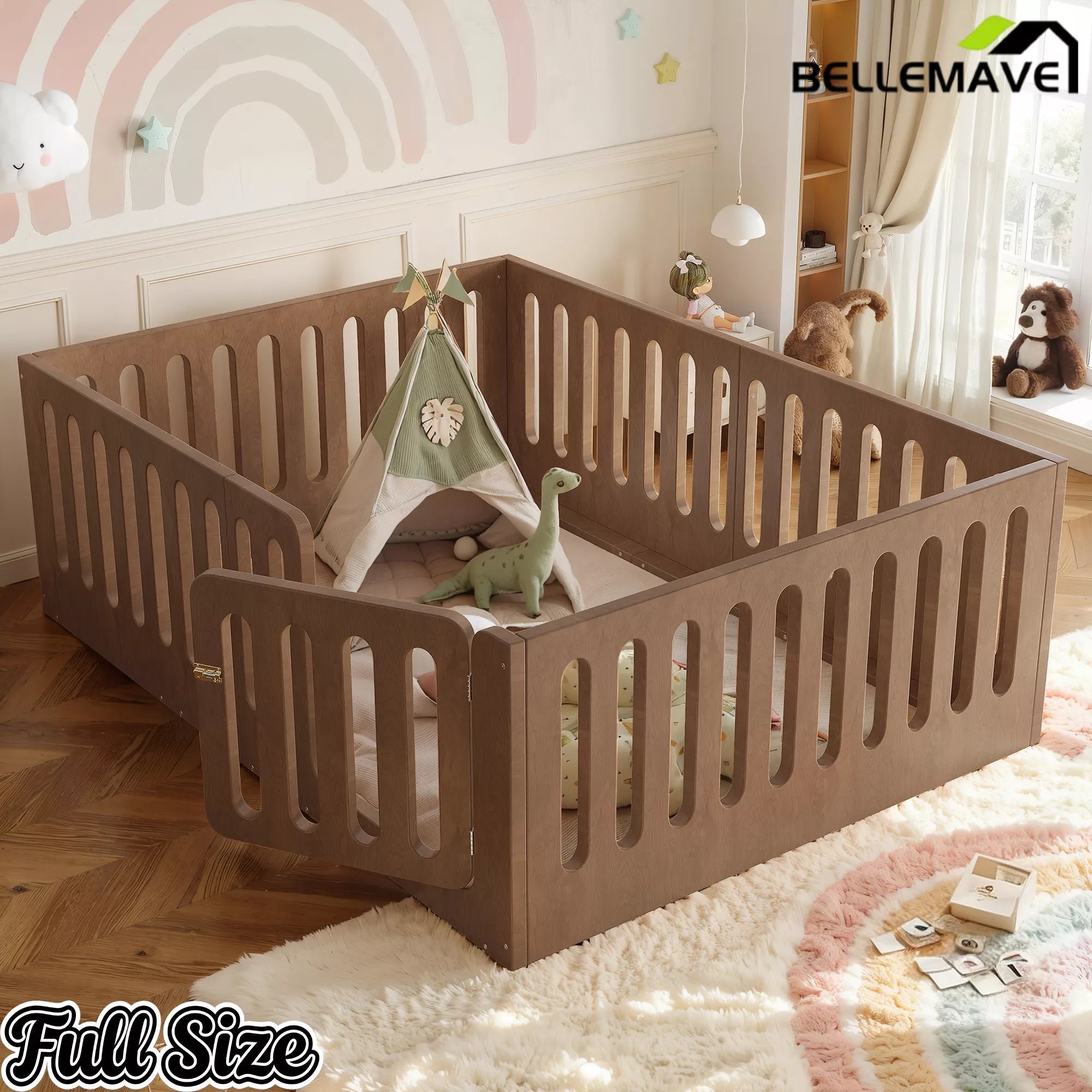 Bellemave® Kids Floor Bed, Wooden Montessori Floor Bed with Fence and Door, Twin Full Queen Size Available, Low Profile Design with No Box Spring Needed - Bellemave