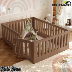 Bellemave® Kids Floor Bed, Wooden Montessori Floor Bed with Fence and Door, Twin Full Queen Size Available, Low Profile Design with No Box Spring Needed - Bellemave
