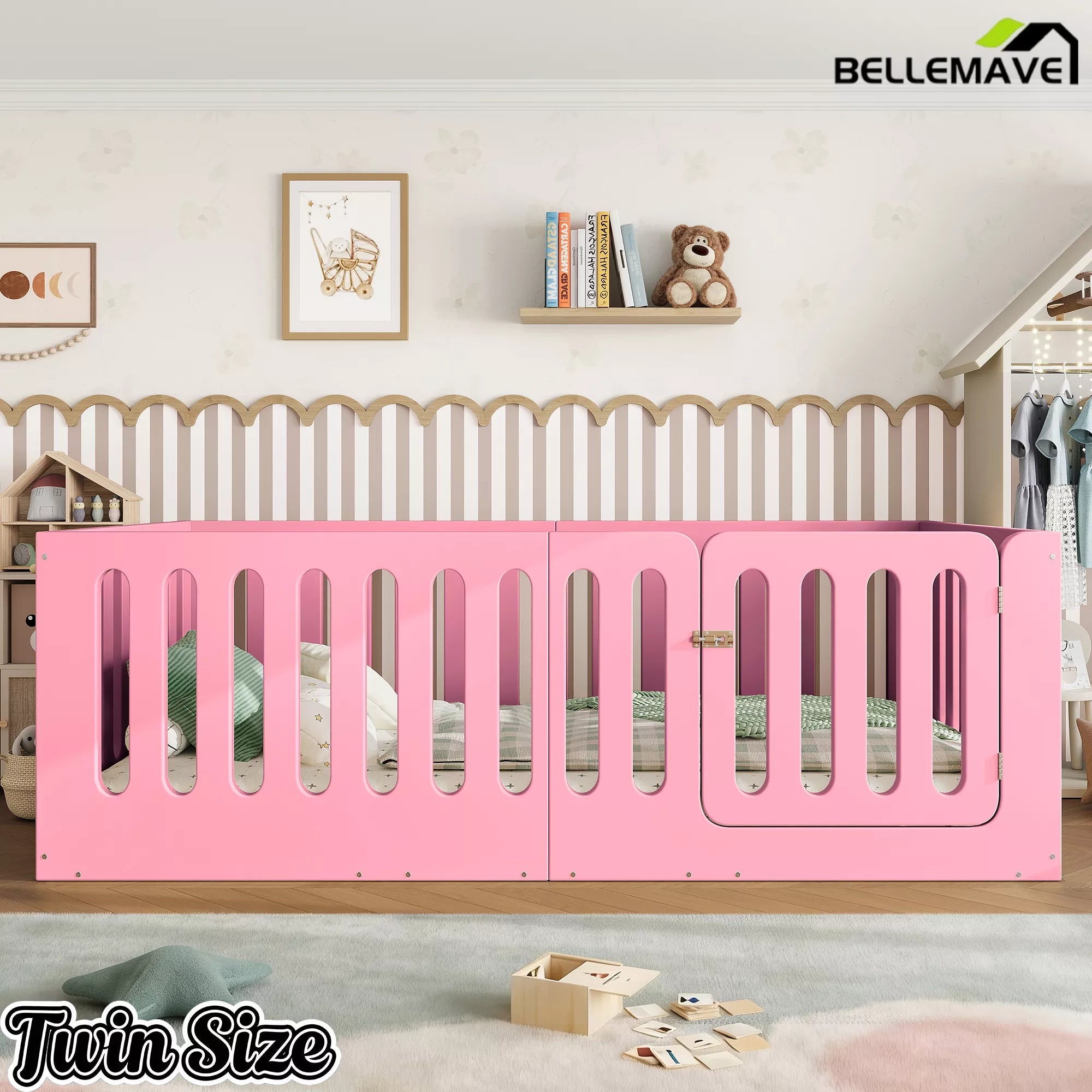 Bellemave® Kids Floor Bed, Wooden Montessori Floor Bed with Fence and Door, Twin Full Queen Size Available, Low Profile Design with No Box Spring Needed - Bellemave