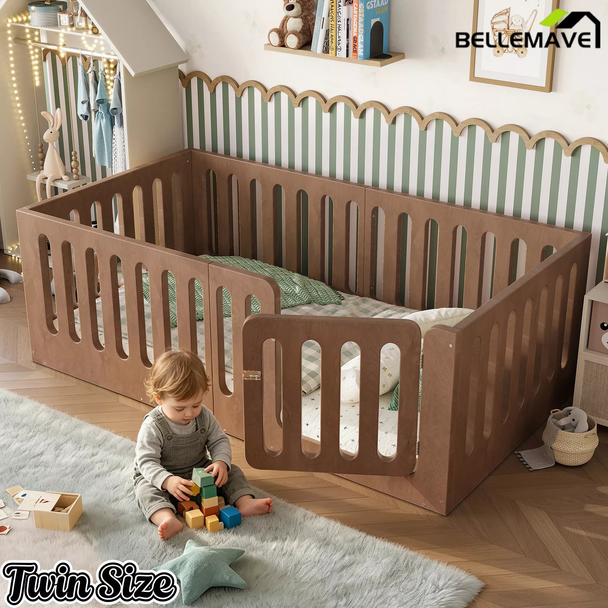 Bellemave® Kids Floor Bed, Wooden Montessori Floor Bed with Fence and Door, Twin Full Queen Size Available, Low Profile Design with No Box Spring Needed - Bellemave