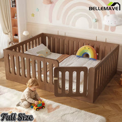 Bellemave® Kids Floor Bed, Wooden Montessori Floor Bed with Fence and Door, Twin Full Queen Size Available, Low Profile Design with No Box Spring Needed - Bellemave