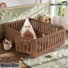 Bellemave® Kids Floor Bed, Wooden Montessori Floor Bed with Fence and Door, Twin Full Queen Size Available, Low Profile Design with No Box Spring Needed - Bellemave