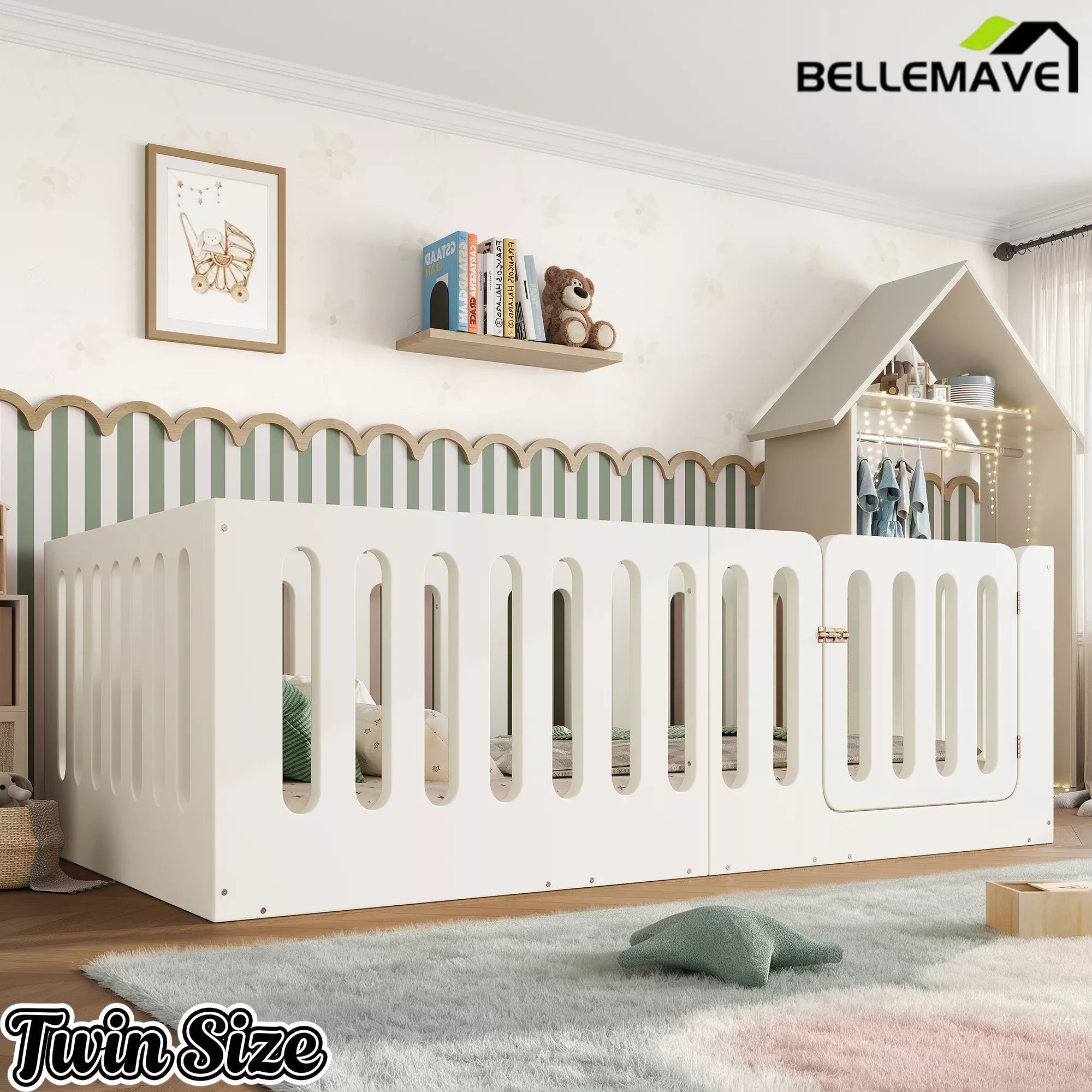 Bellemave® Kids Floor Bed, Wooden Montessori Floor Bed with Fence and Door, Twin Full Queen Size Available, Low Profile Design with No Box Spring Needed - Bellemave
