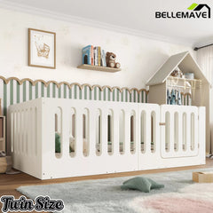 Bellemave® Kids Floor Bed, Wooden Montessori Floor Bed with Fence and Door, Twin Full Queen Size Available, Low Profile Design with No Box Spring Needed - Bellemave