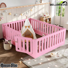 Bellemave® Kids Floor Bed, Wooden Montessori Floor Bed with Fence and Door, Twin Full Queen Size Available, Low Profile Design with No Box Spring Needed - Bellemave