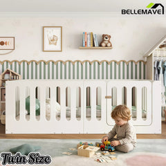 Bellemave® Kids Floor Bed, Wooden Montessori Floor Bed with Fence and Door, Twin Full Queen Size Available, Low Profile Design with No Box Spring Needed - Bellemave