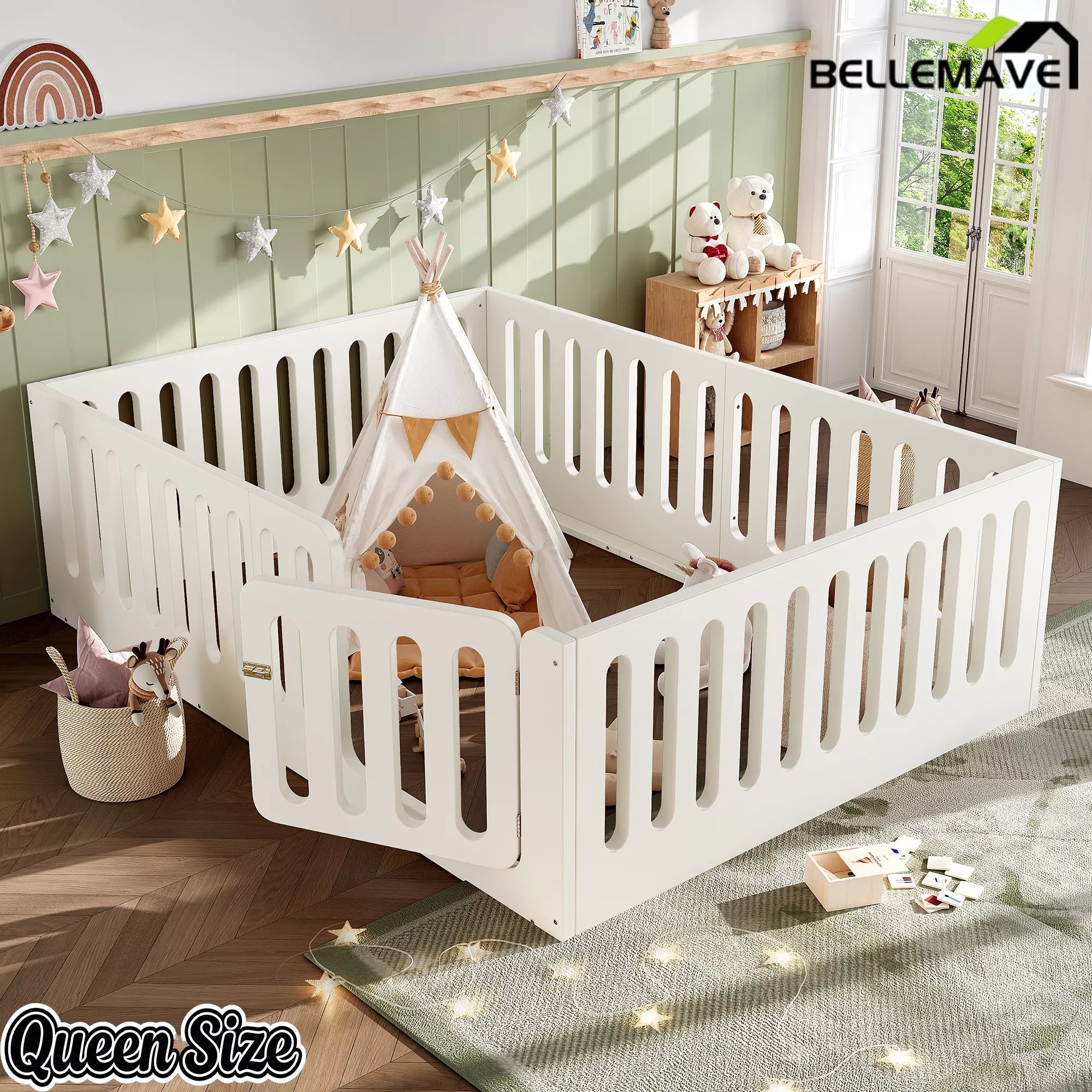 Bellemave® Kids Floor Bed, Wooden Montessori Floor Bed with Fence and Door, Twin Full Queen Size Available, Low Profile Design with No Box Spring Needed - Bellemave