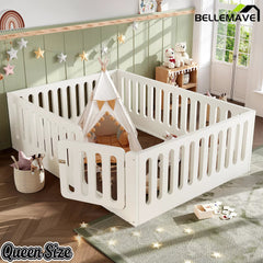 Bellemave® Kids Floor Bed, Wooden Montessori Floor Bed with Fence and Door, Twin Full Queen Size Available, Low Profile Design with No Box Spring Needed - Bellemave
