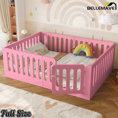 Bellemave® Kids Floor Bed, Wooden Montessori Floor Bed with Fence and Door, Twin Full Queen Size Available, Low Profile Design with No Box Spring Needed - Bellemave
