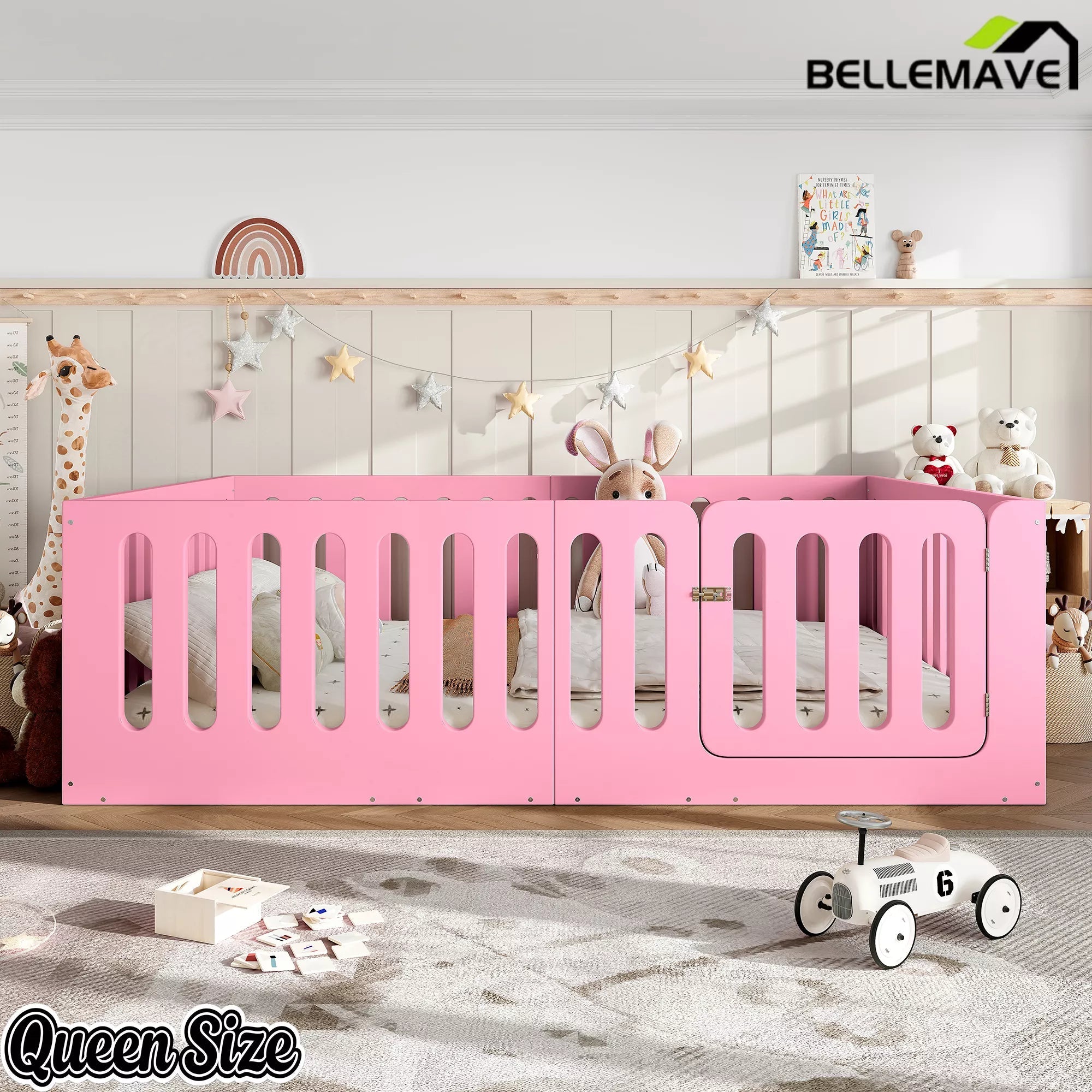 Bellemave® Kids Floor Bed, Wooden Montessori Floor Bed with Fence and Door, Twin Full Queen Size Available, Low Profile Design with No Box Spring Needed - Bellemave