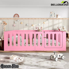 Bellemave® Kids Floor Bed, Wooden Montessori Floor Bed with Fence and Door, Twin Full Queen Size Available, Low Profile Design with No Box Spring Needed - Bellemave