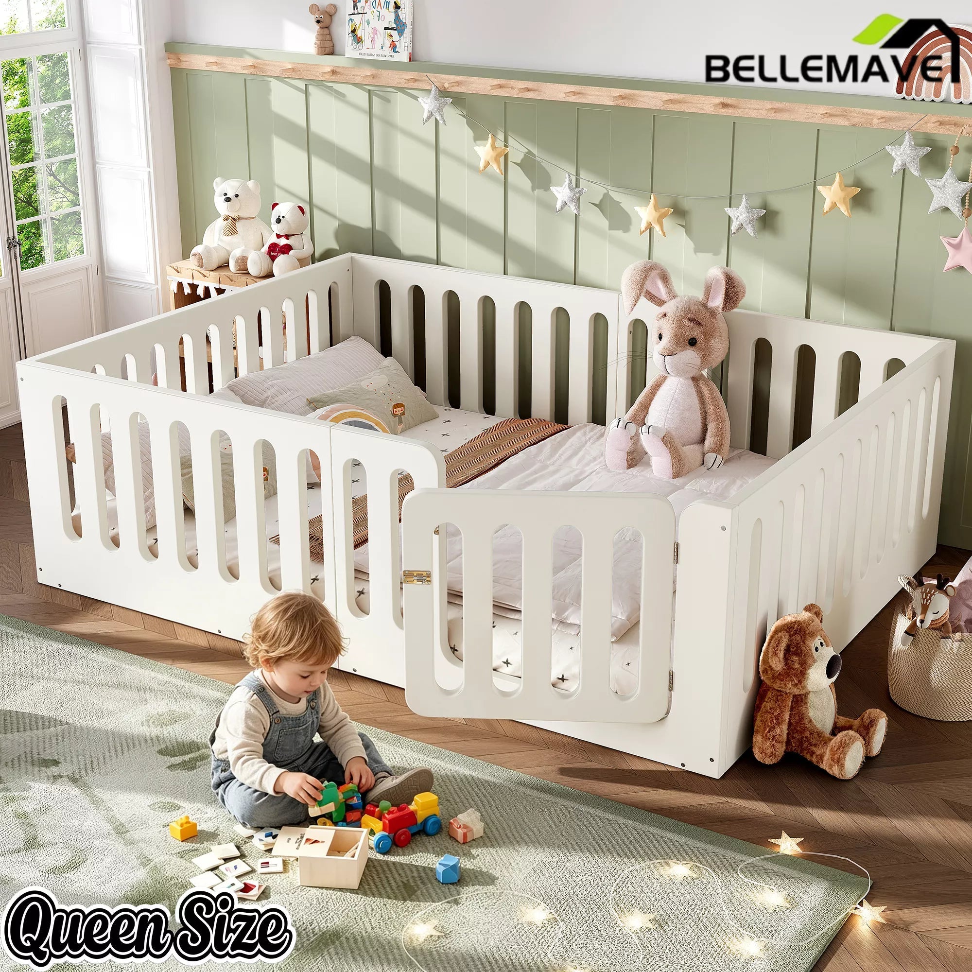 Bellemave® Kids Floor Bed, Wooden Montessori Floor Bed with Fence and Door, Twin Full Queen Size Available, Low Profile Design with No Box Spring Needed - Bellemave