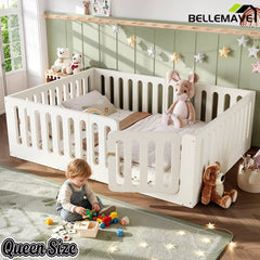 Bellemave® Kids Floor Bed, Wooden Montessori Floor Bed with Fence and Door, Twin Full Queen Size Available, Low Profile Design with No Box Spring Needed - Bellemave
