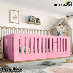 Bellemave® Kids Floor Bed, Wooden Montessori Floor Bed with Fence and Door, Twin Full Queen Size Available, Low Profile Design with No Box Spring Needed - Bellemave